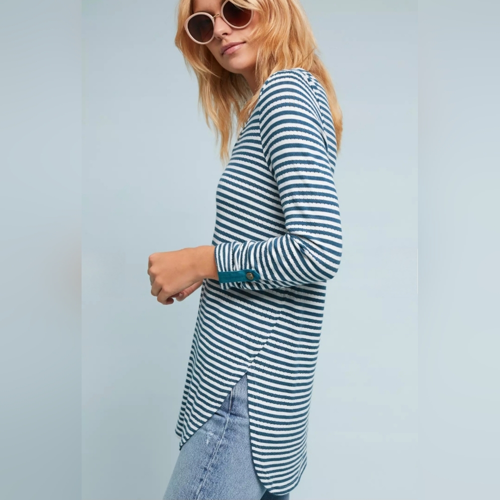 Anthropologie x Akemi + Kin "Sylvie Pointelle Top" Stripe Blue White | Women's M - Picture 2 of 12